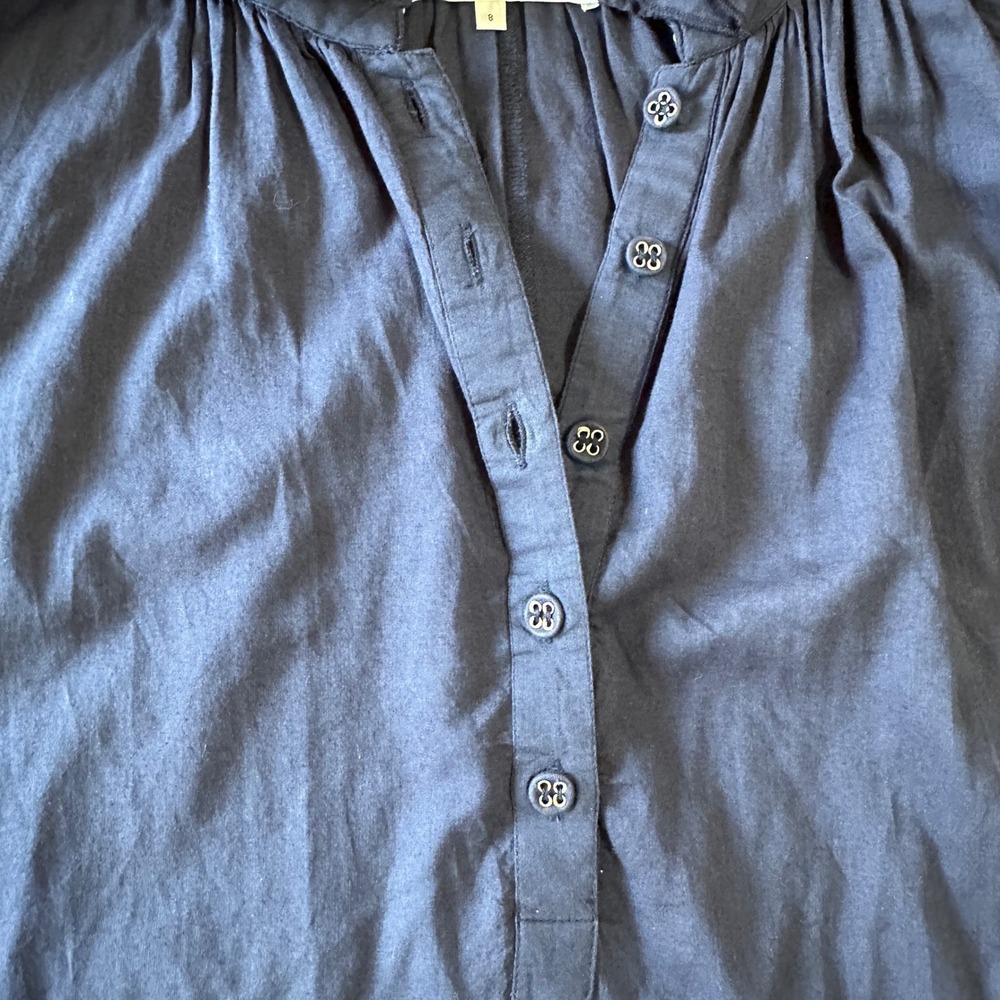 Apiece Apart Popover Cotton Blouse 8 Navy Blue Peasant 3/4 Balloon Sleeve Top - Picture 8 of 11